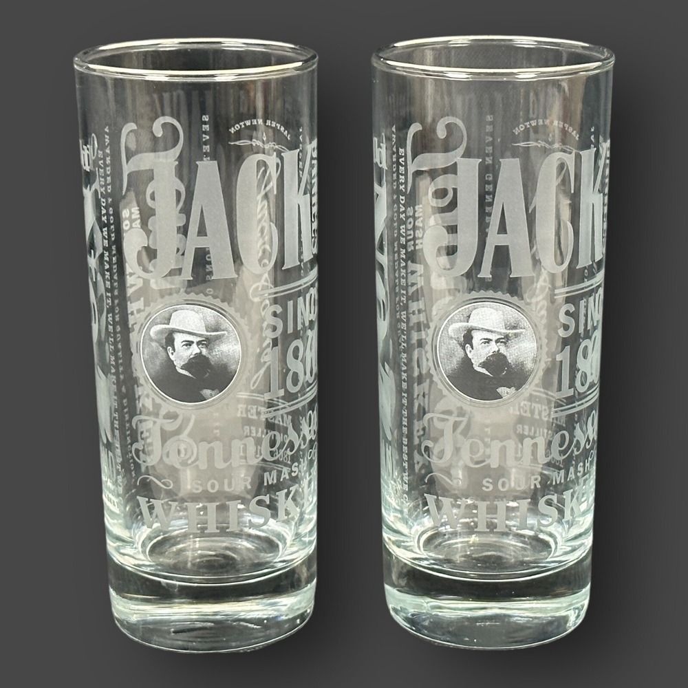Jack Daniel's Commemorative Whiskey Glasses Set of 2 Silver Rim 6 Inch‎ Barware